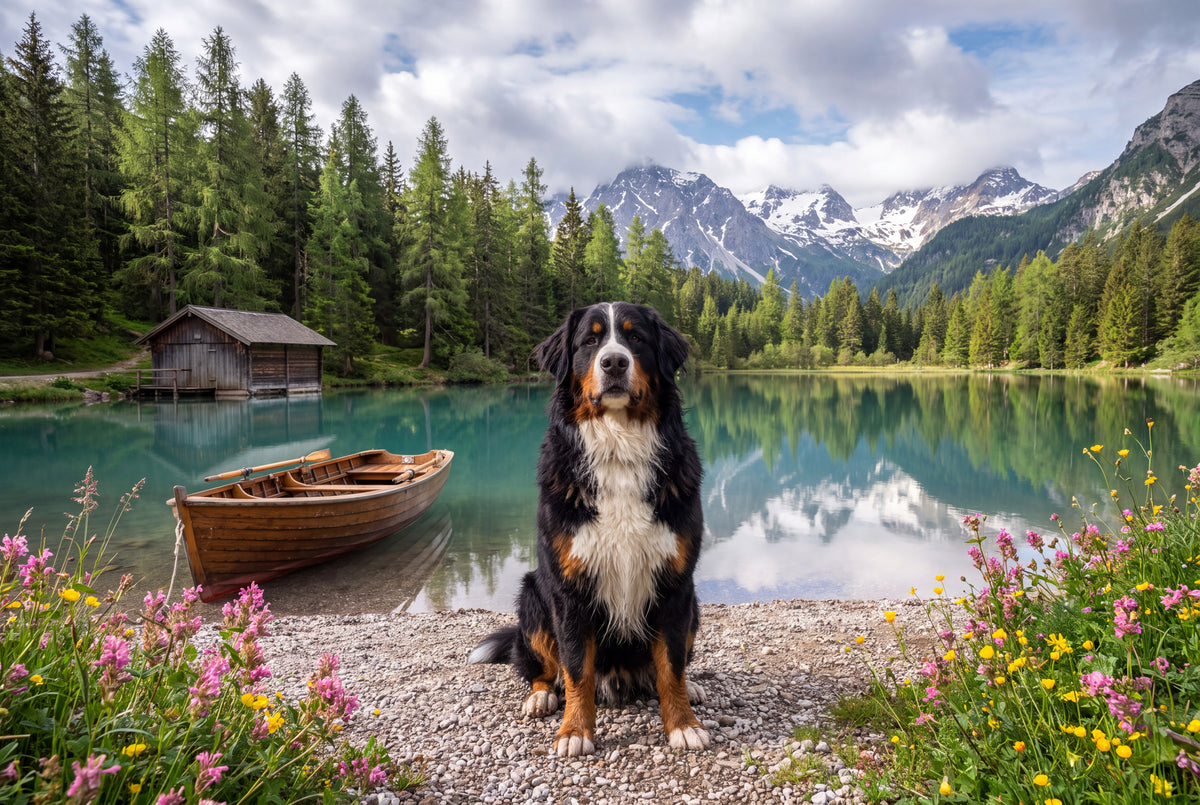 Bernese Mountain Dog by the Mountain Lake jigsaw puzzle
