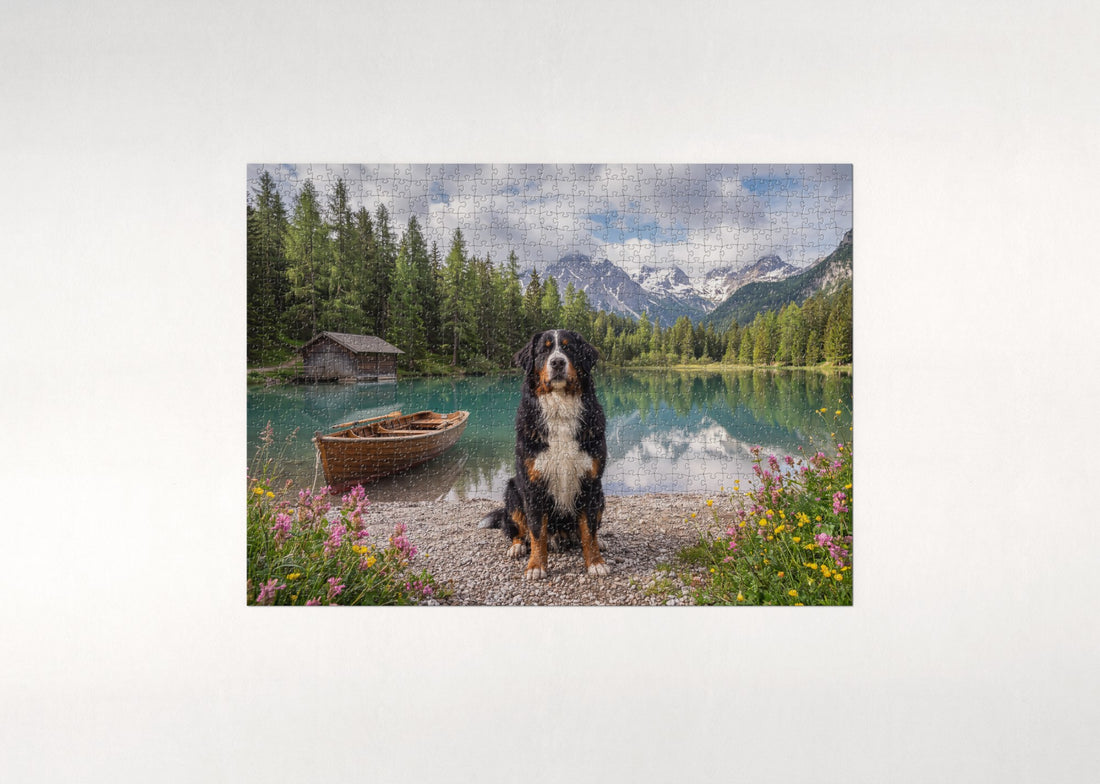 Bernese Mountain Dog by the Mountain Lake jigsaw puzzle - gift box