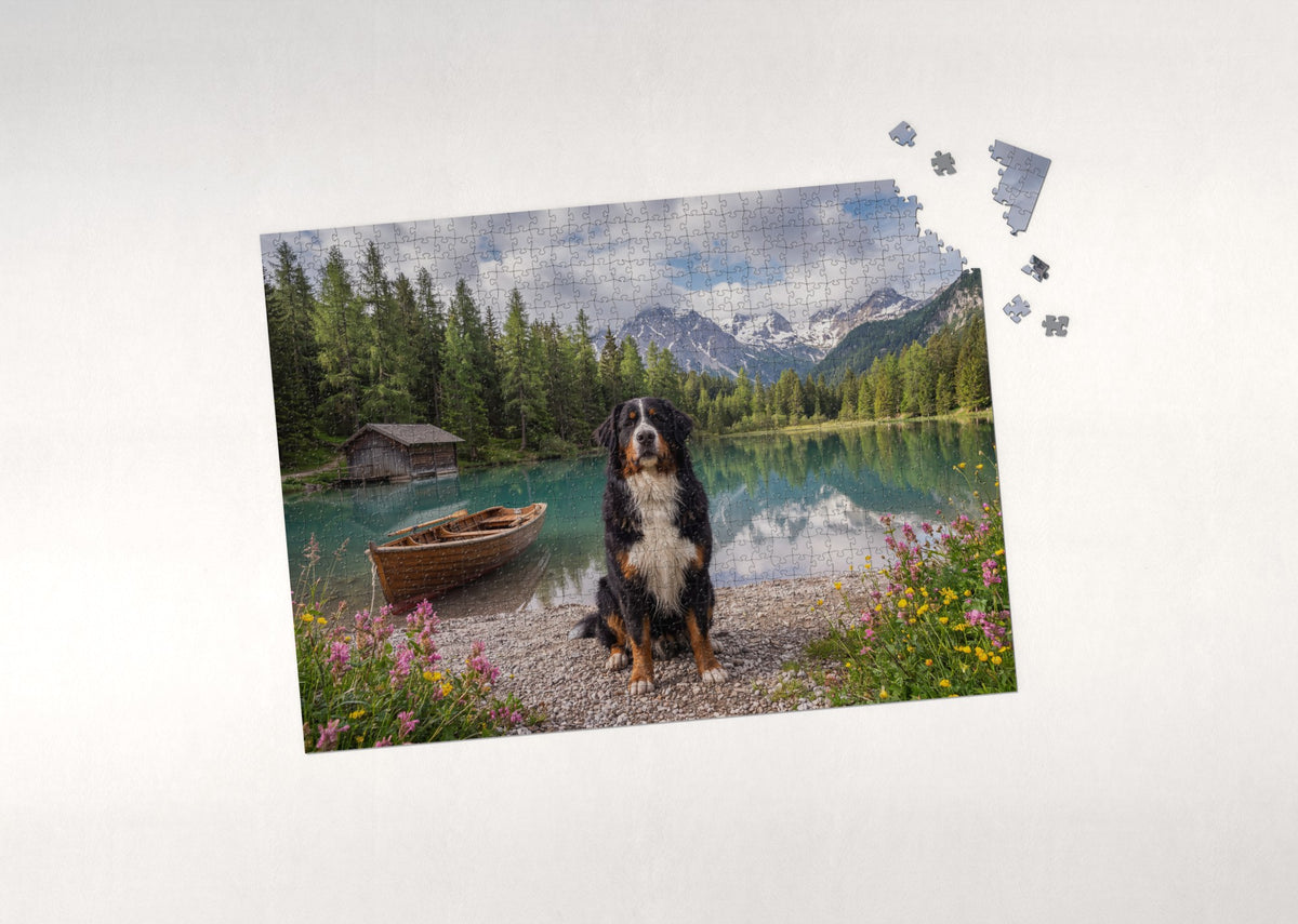 Bernese Mountain Dog by the Mountain Lake jigsaw puzzle - puzzle with loose pieces