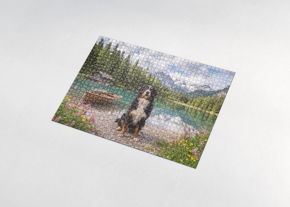 Bernese Mountain Dog by the Mountain Lake jigsaw puzzle - assembled puzzle