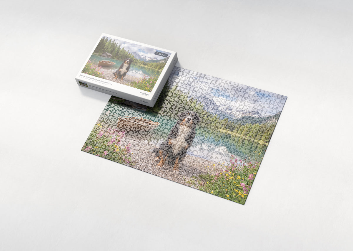 Bernese Mountain Dog by the Mountain Lake jigsaw puzzle - box and puzzle