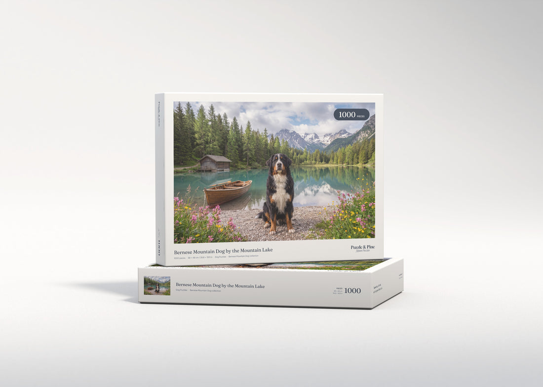 Bernese Mountain Dog by the Mountain Lake jigsaw puzzle - gift box