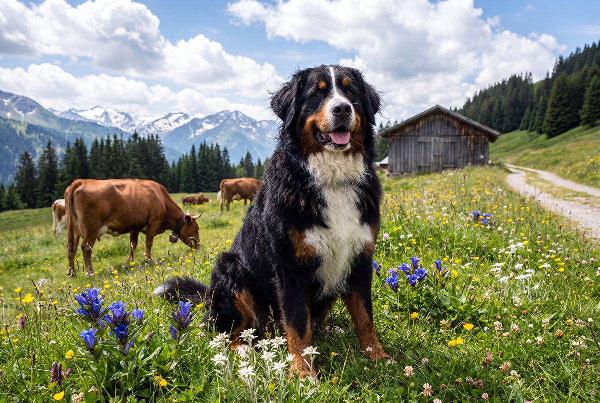 Bernese Mountain Dog in the Alpine Meadow jigsaw puzzle