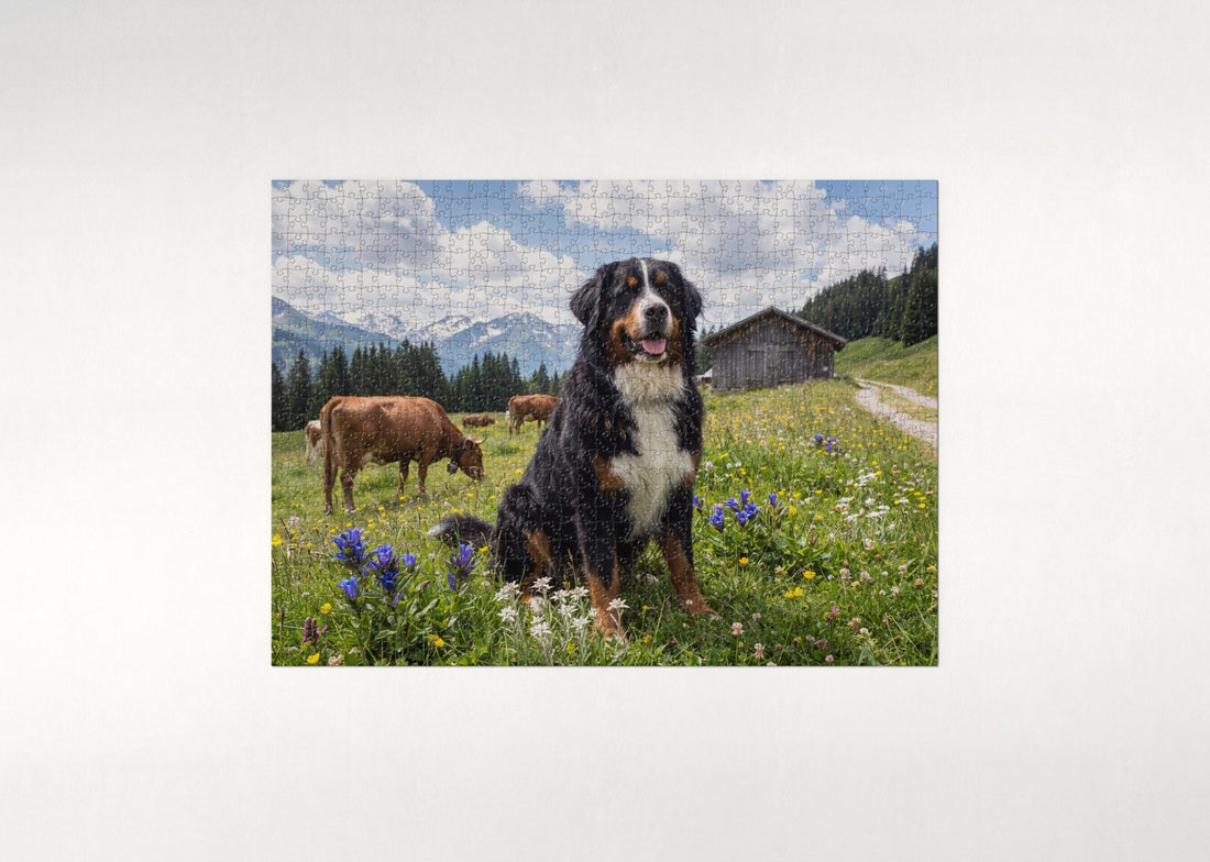 Bernese Mountain Dog in the Alpine Meadow jigsaw puzzle - gift box