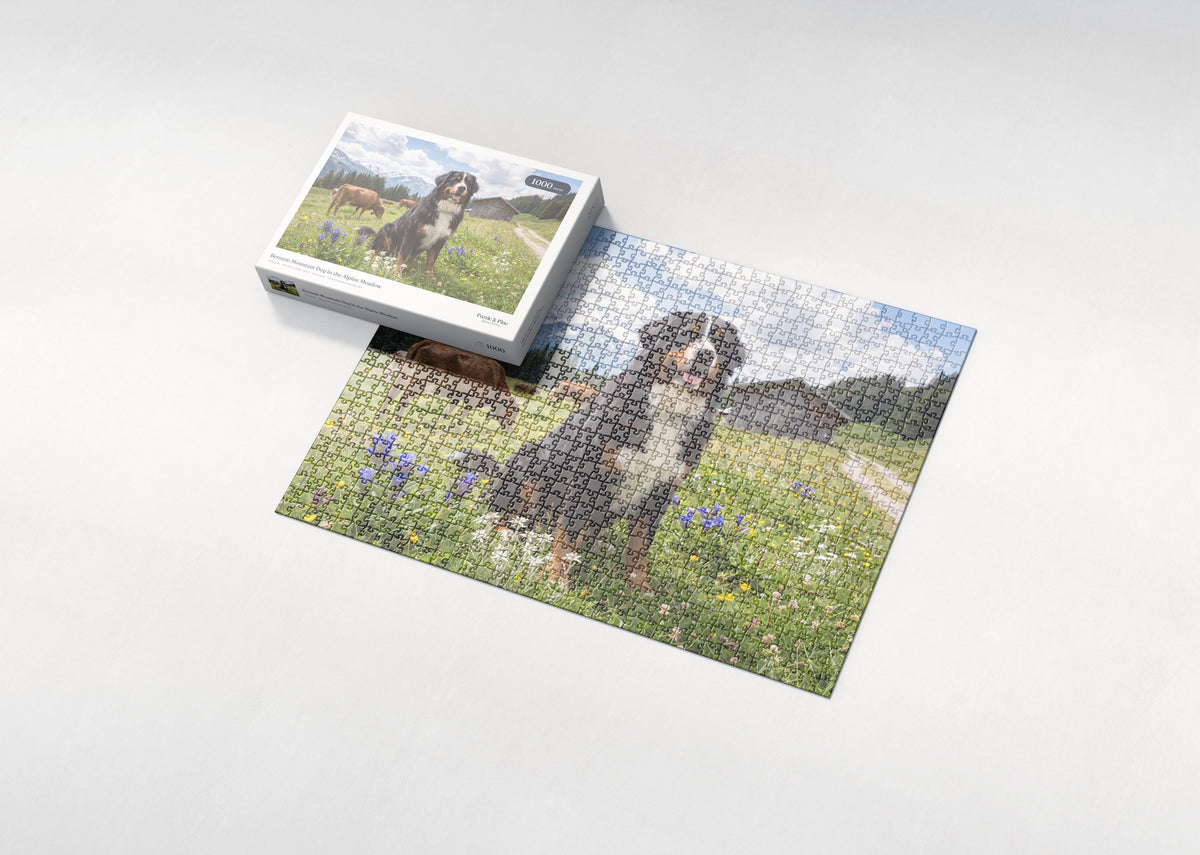 Bernese Mountain Dog in the Alpine Meadow jigsaw puzzle - box and puzzle