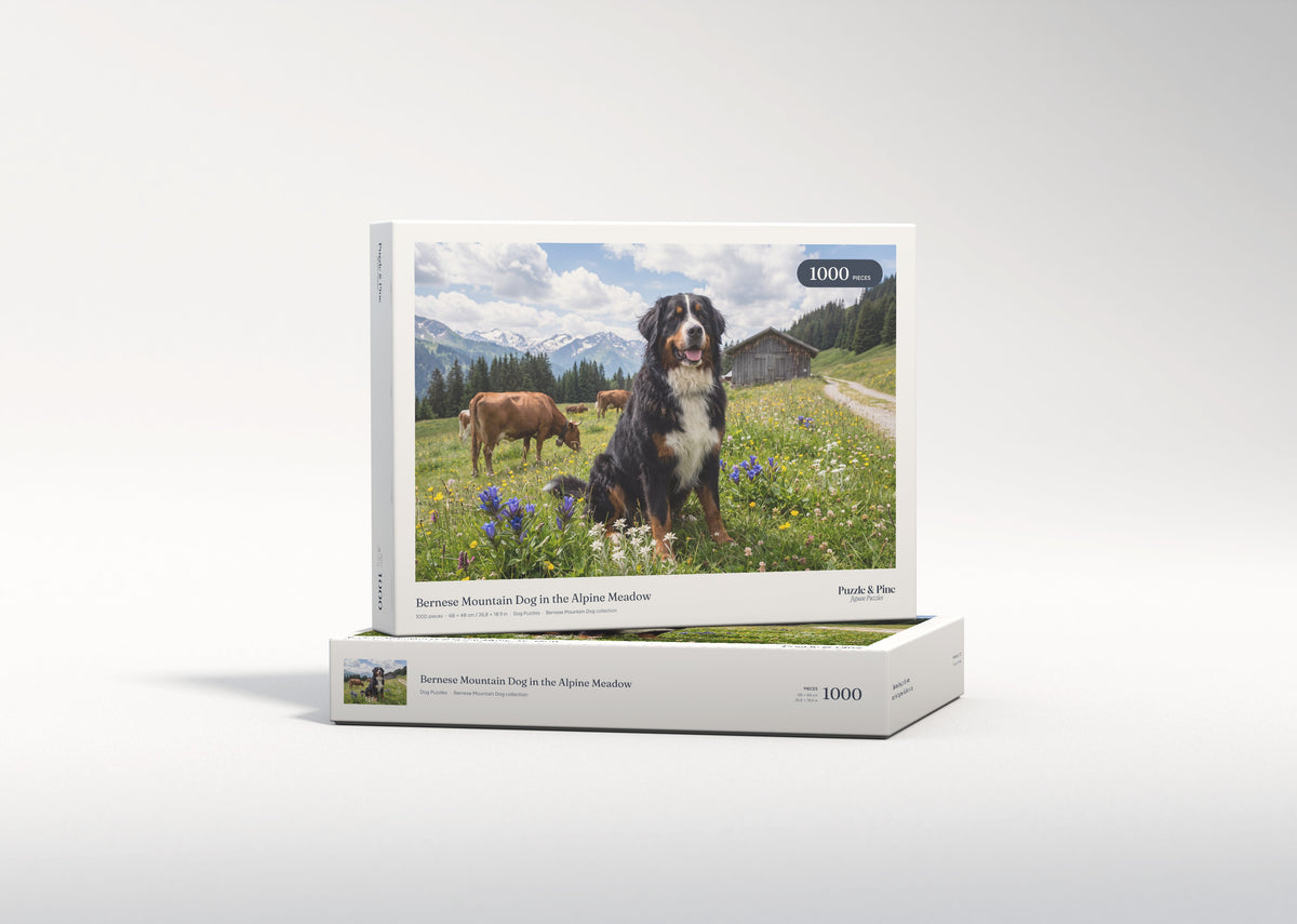 Bernese Mountain Dog in the Alpine Meadow jigsaw puzzle - gift box