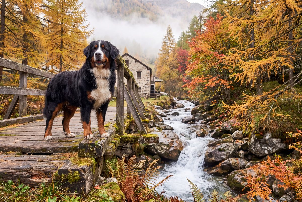 Bernese Mountain Dog on the Old Creek Bridge jigsaw puzzle