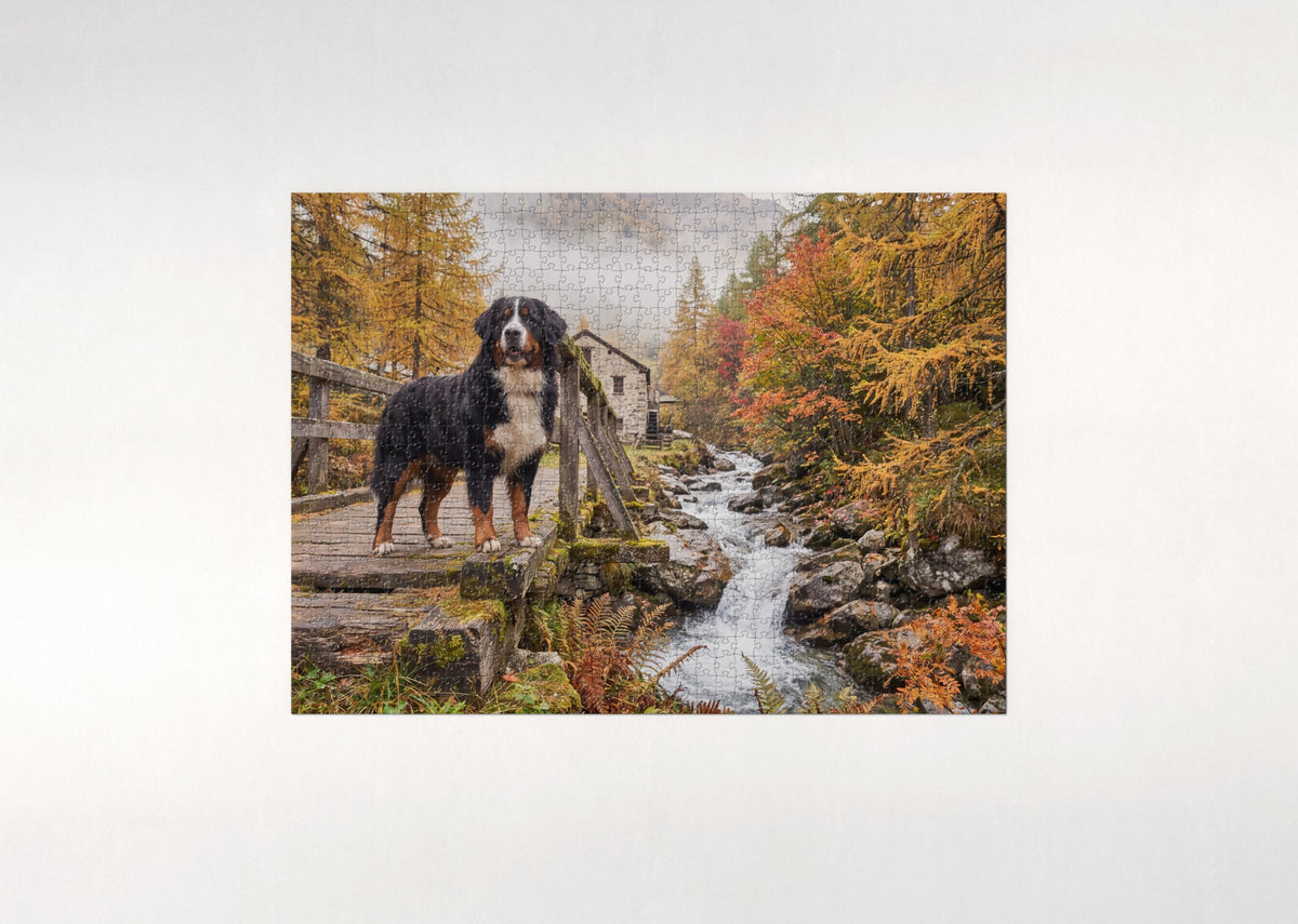 Bernese Mountain Dog on the Old Creek Bridge jigsaw puzzle - flat puzzle