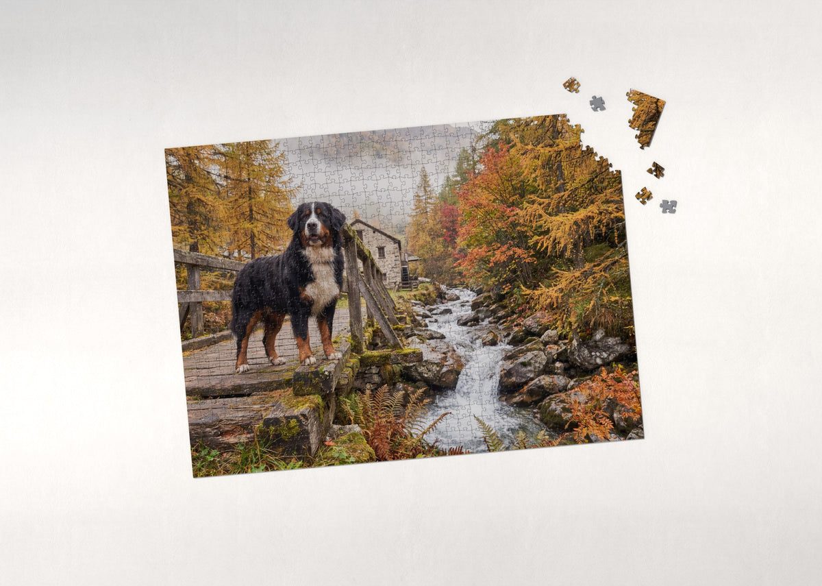 Bernese Mountain Dog on the Old Creek Bridge jigsaw puzzle - puzzle with loose pieces