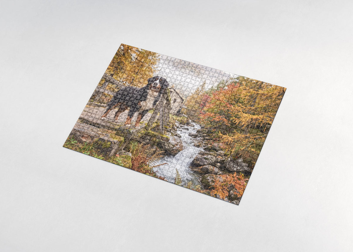 Bernese Mountain Dog on the Old Creek Bridge jigsaw puzzle - assembled puzzle