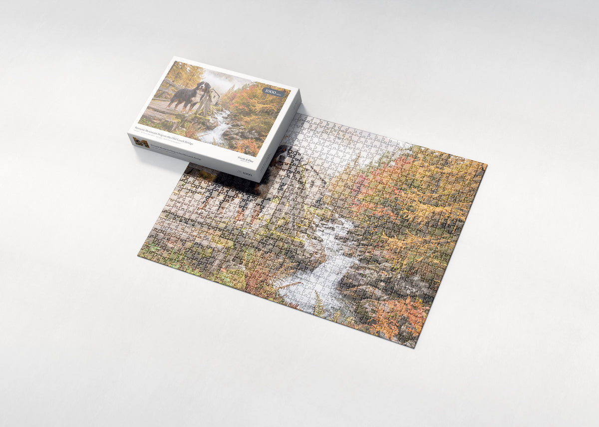 Bernese Mountain Dog on the Old Creek Bridge jigsaw puzzle - box and puzzle