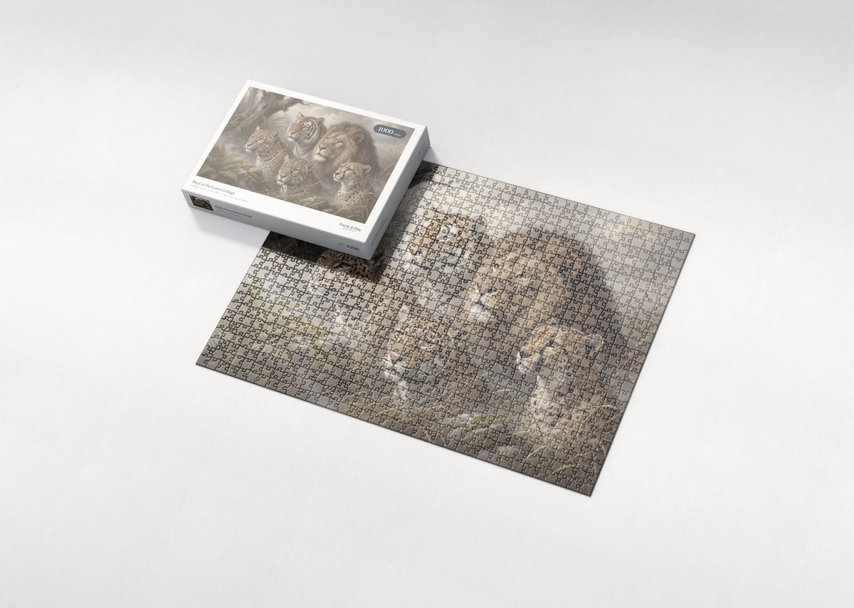 Big Cat Portraits Collage jigsaw puzzle - box and puzzle