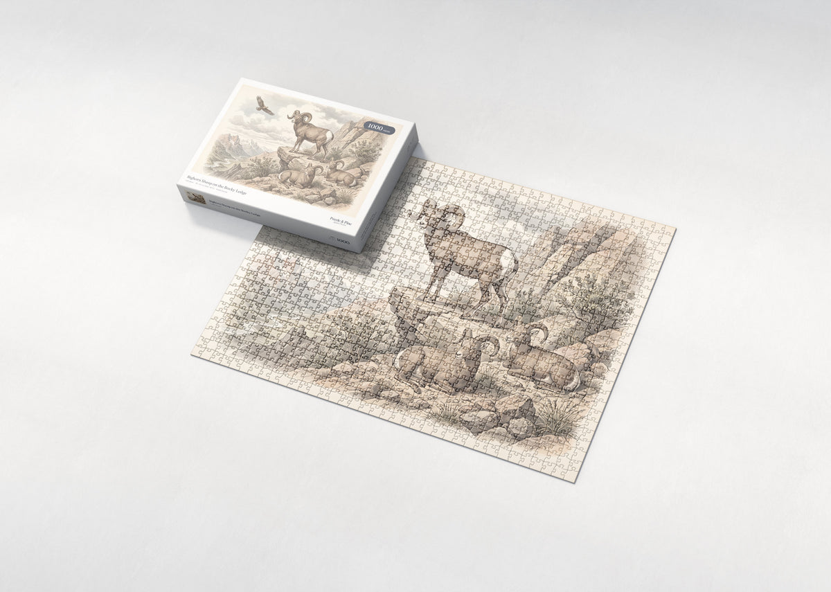 Bighorn Sheep on the Rocky Ledge jigsaw puzzle - box and puzzle