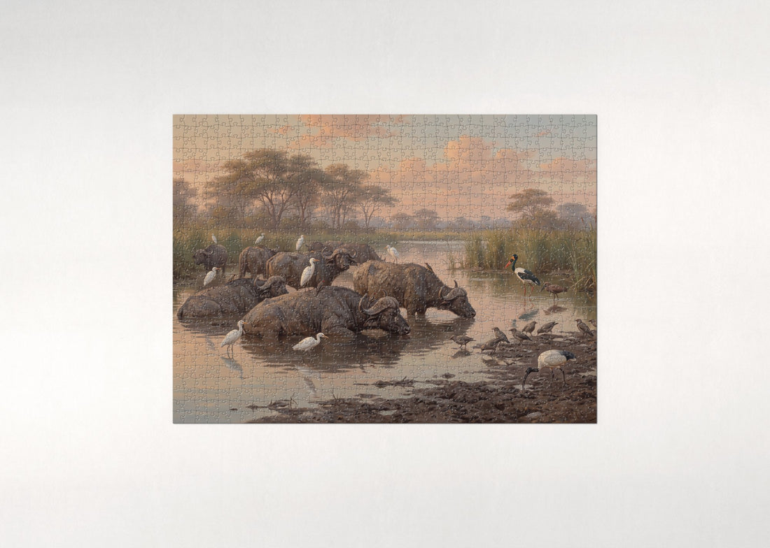 Birds and Buffalo at the Muddy Waterhole jigsaw puzzle - gift box
