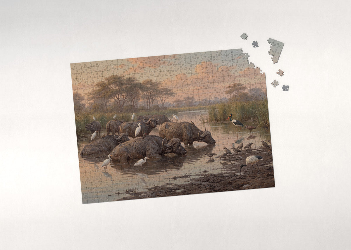 Birds and Buffalo at the Muddy Waterhole jigsaw puzzle - puzzle with loose pieces