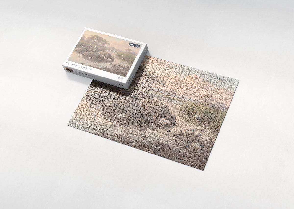 Birds and Buffalo at the Muddy Waterhole jigsaw puzzle - box and puzzle