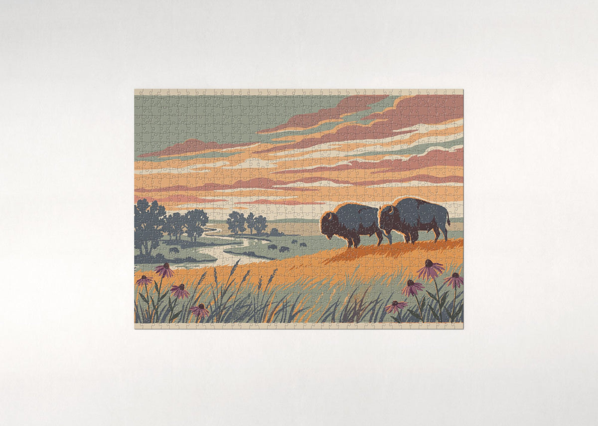 Bison at the Prairie Sunset jigsaw puzzle - flat puzzle