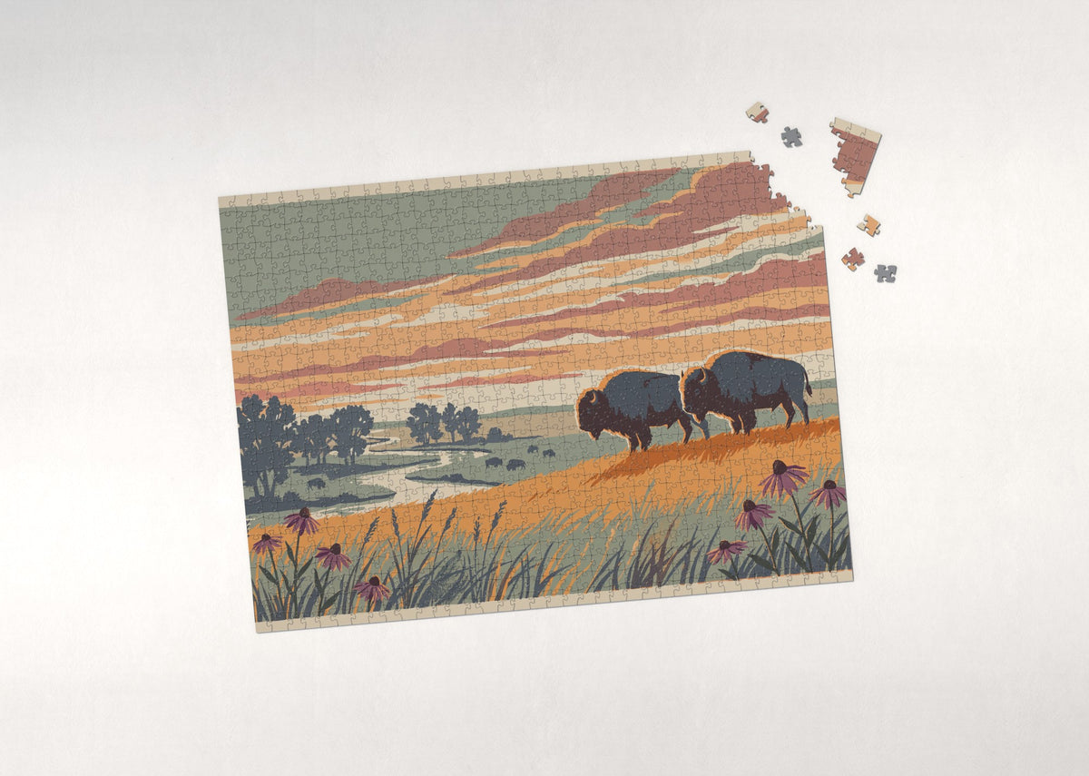 Bison at the Prairie Sunset jigsaw puzzle - puzzle with loose pieces