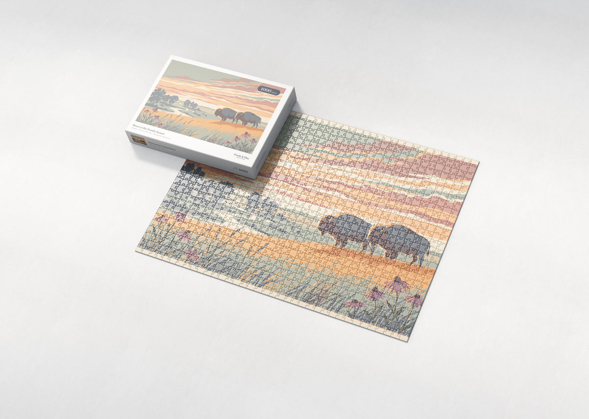 Bison at the Prairie Sunset jigsaw puzzle - box and puzzle