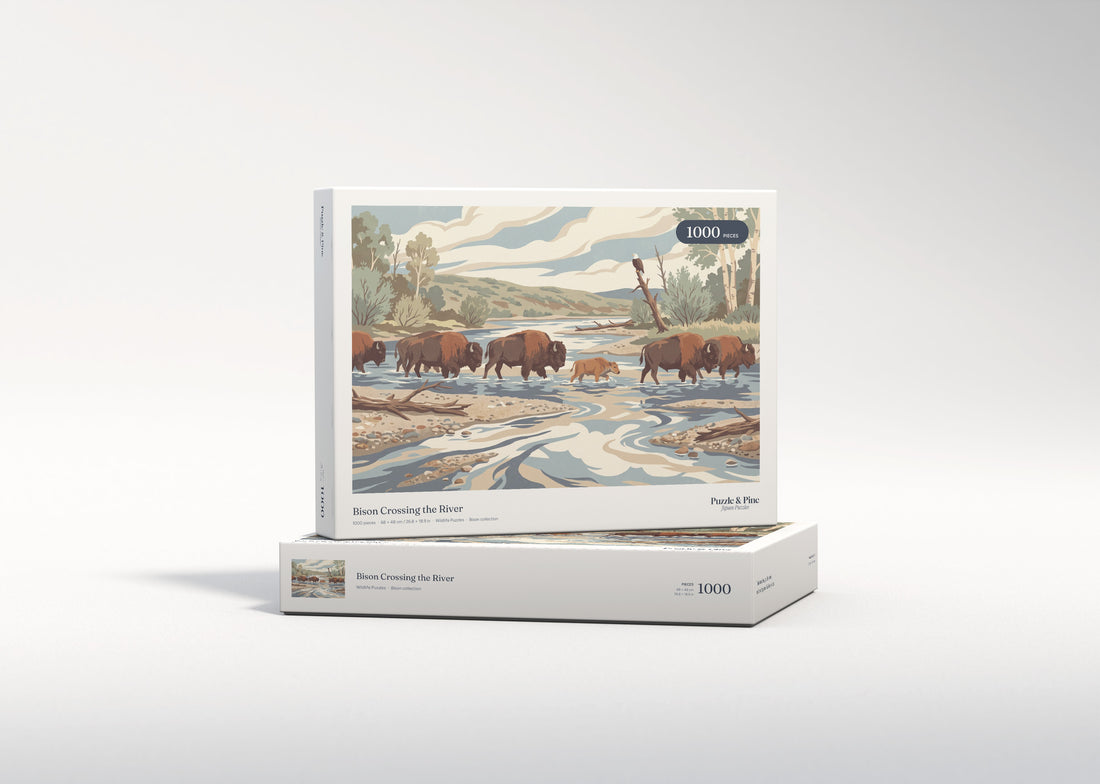 Bison Crossing the River jigsaw puzzle - gift box