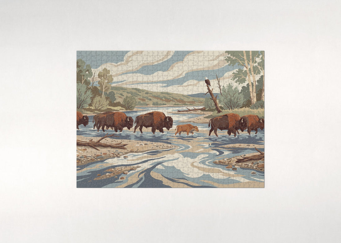 Bison Crossing the River jigsaw puzzle - gift box