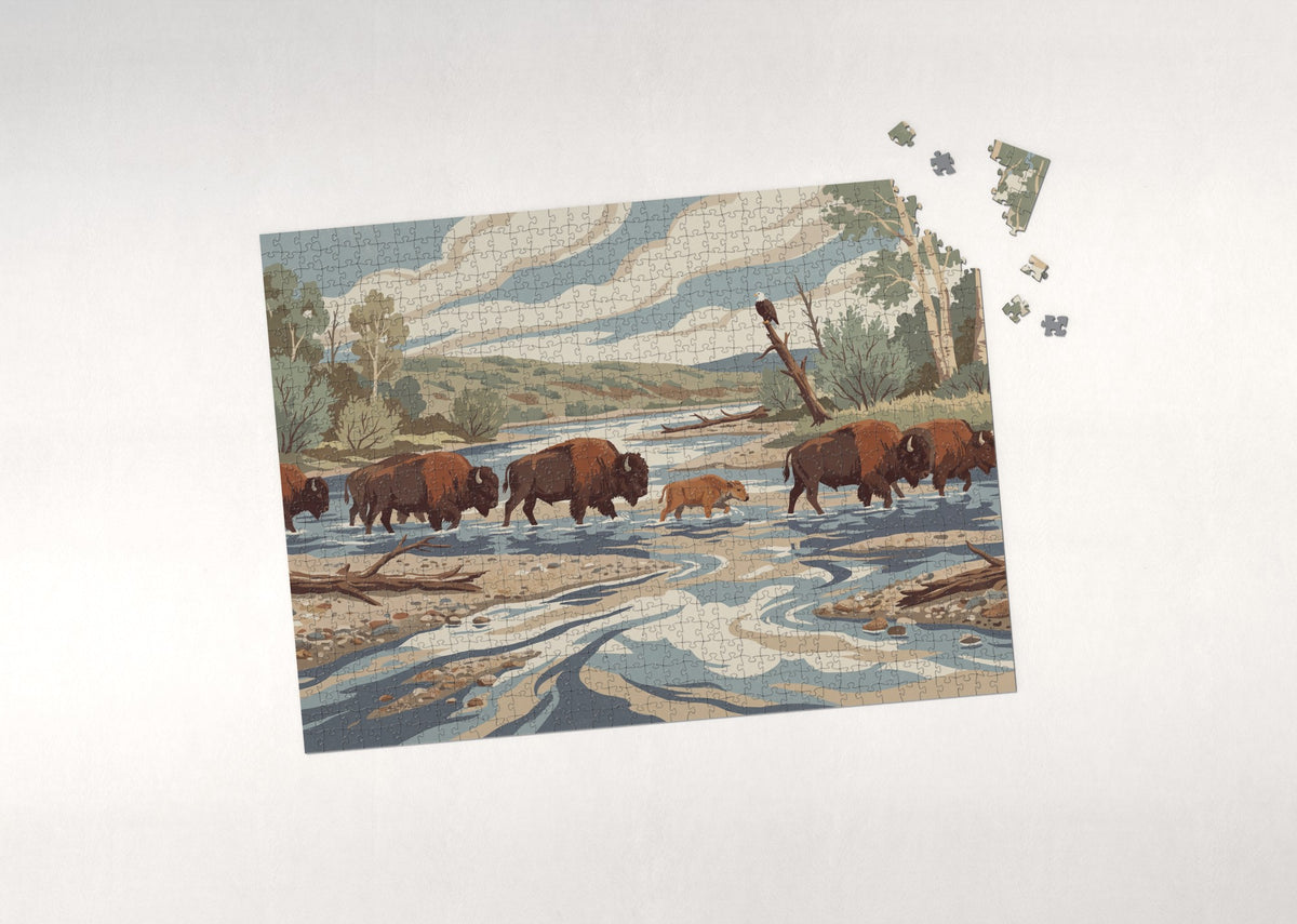 Bison Crossing the River jigsaw puzzle - puzzle with loose pieces