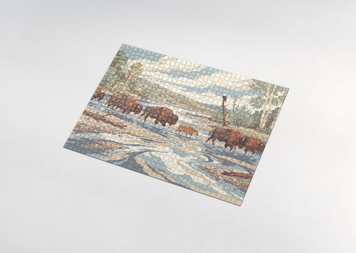 Bison Crossing the River jigsaw puzzle - assembled puzzle