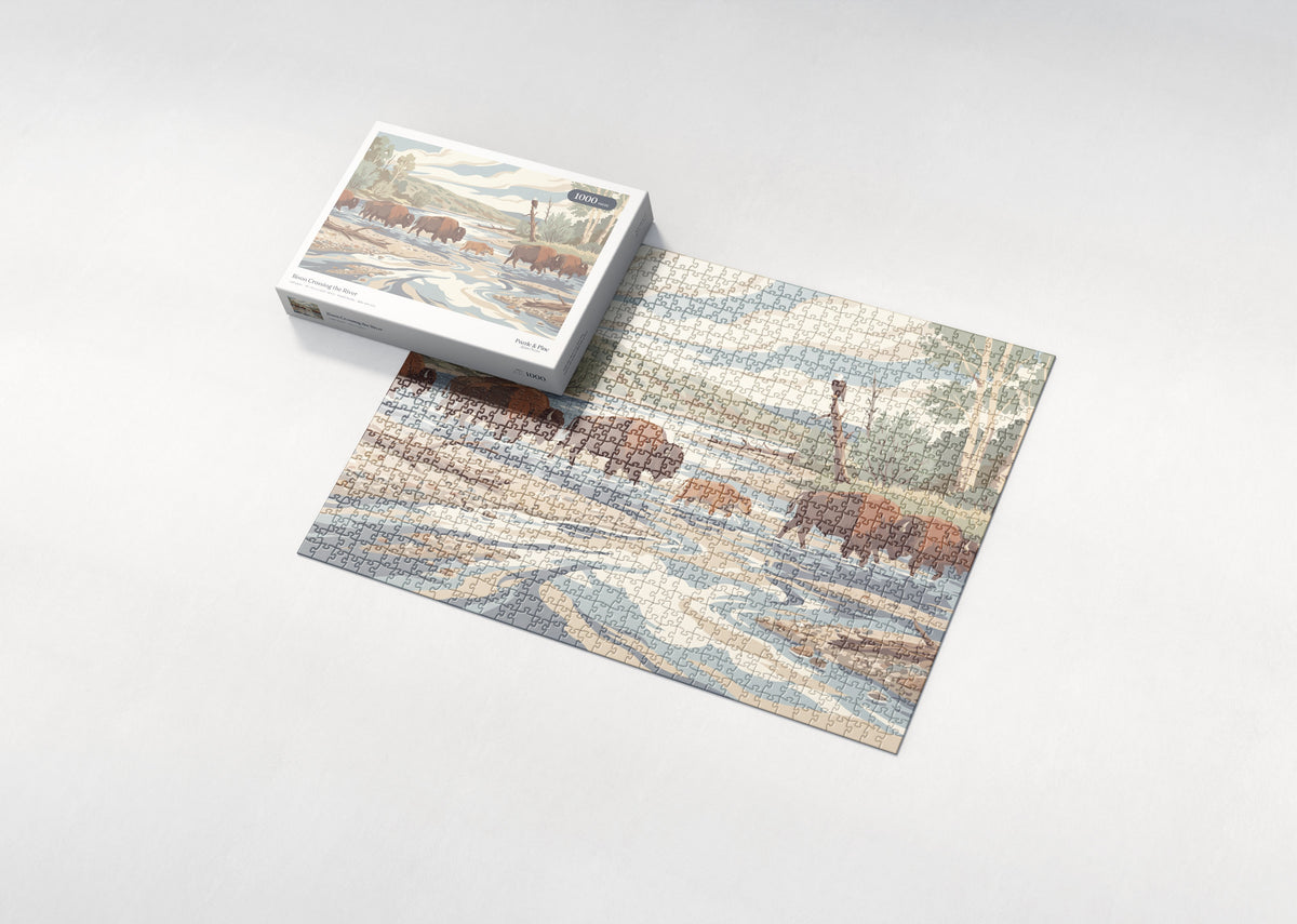 Bison Crossing the River jigsaw puzzle - box and puzzle
