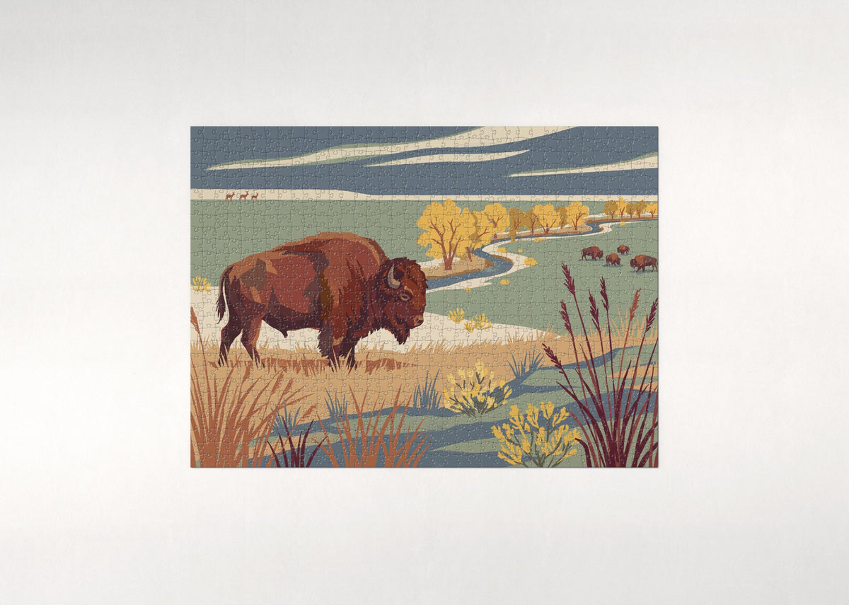 Bison in the Autumn Grasslands jigsaw puzzle - flat puzzle