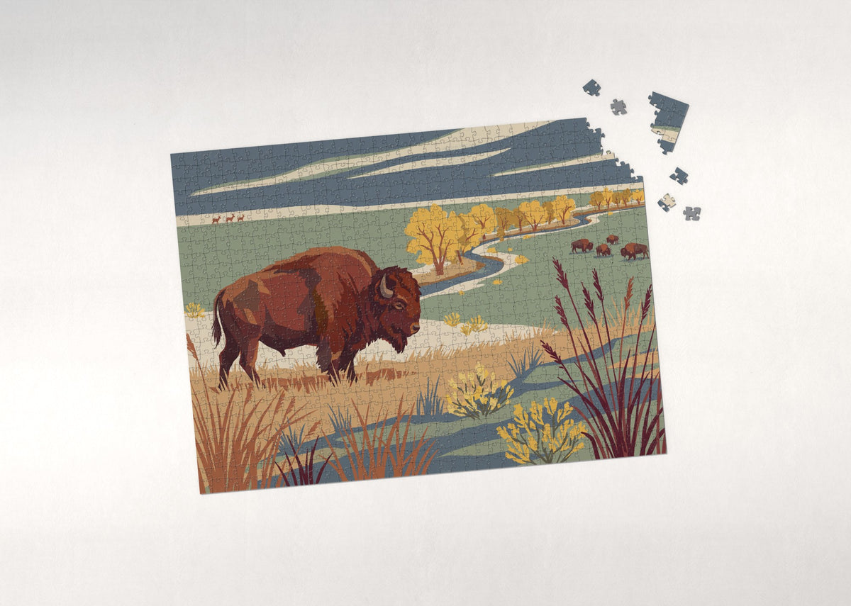 Bison in the Autumn Grasslands jigsaw puzzle - puzzle with loose pieces