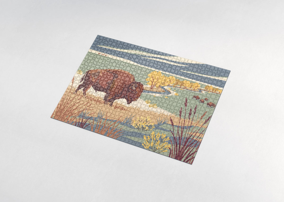 Bison in the Autumn Grasslands jigsaw puzzle - assembled puzzle