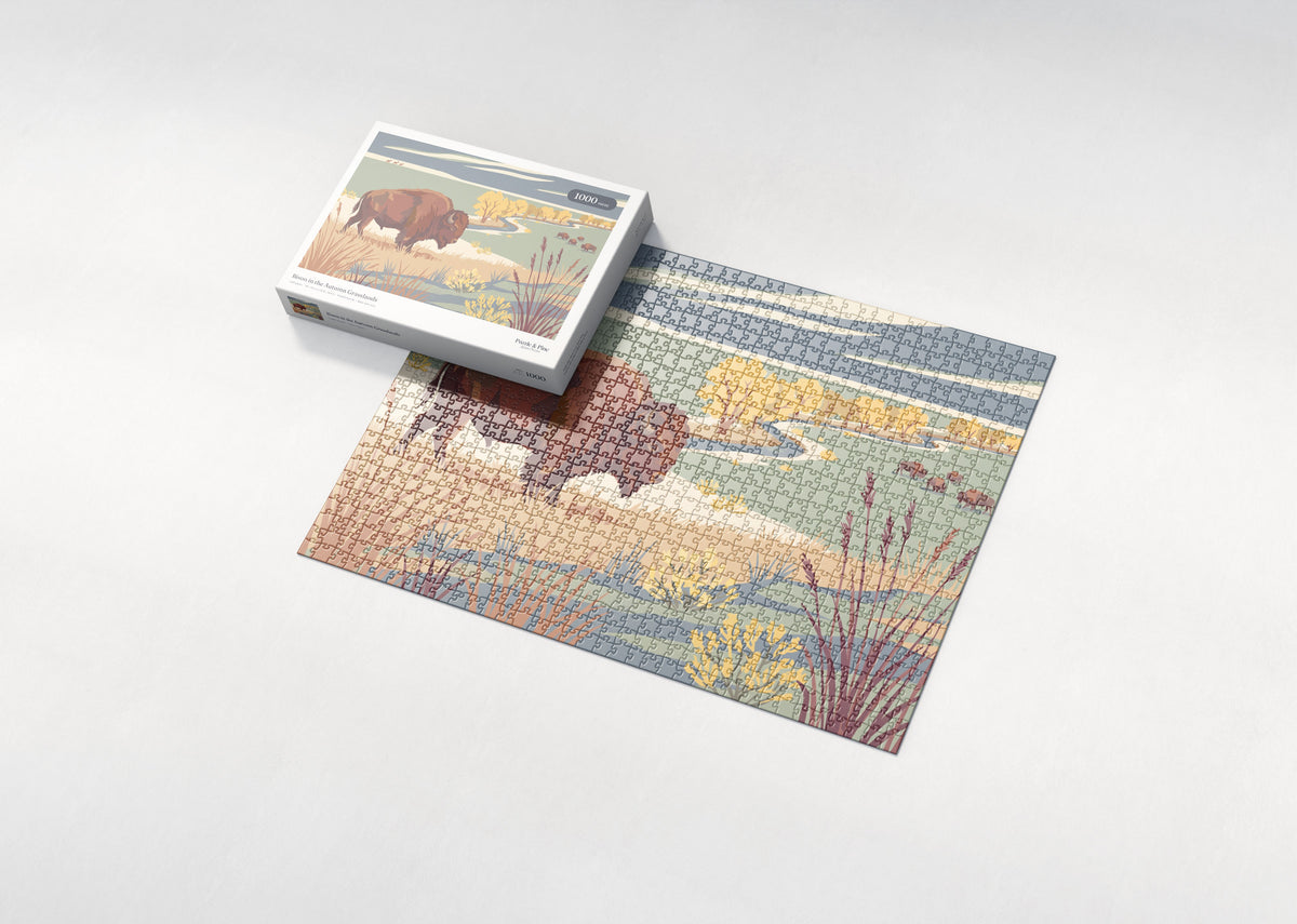 Bison in the Autumn Grasslands jigsaw puzzle - box and puzzle