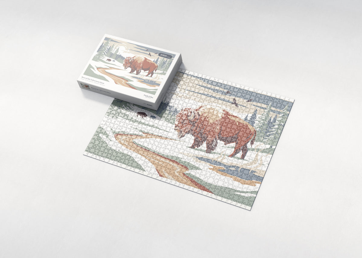 Bison in the Yellowstone Snow jigsaw puzzle - box and puzzle
