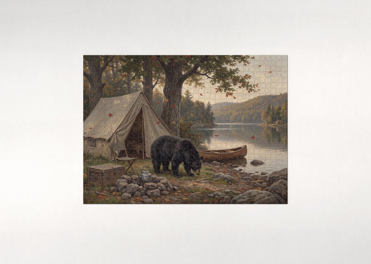 Black Bear at the Autumn Campsite jigsaw puzzle - flat puzzle