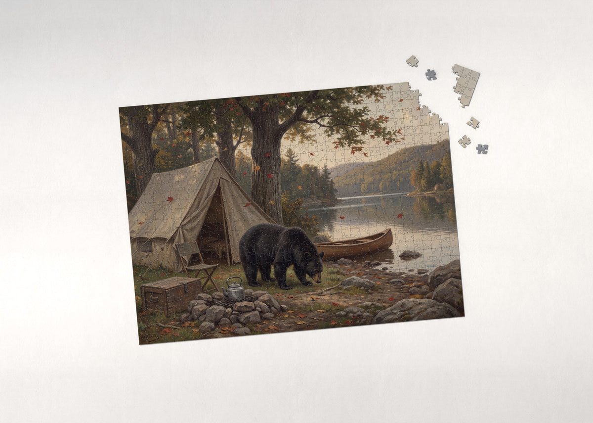 Black Bear at the Autumn Campsite jigsaw puzzle - puzzle with loose pieces
