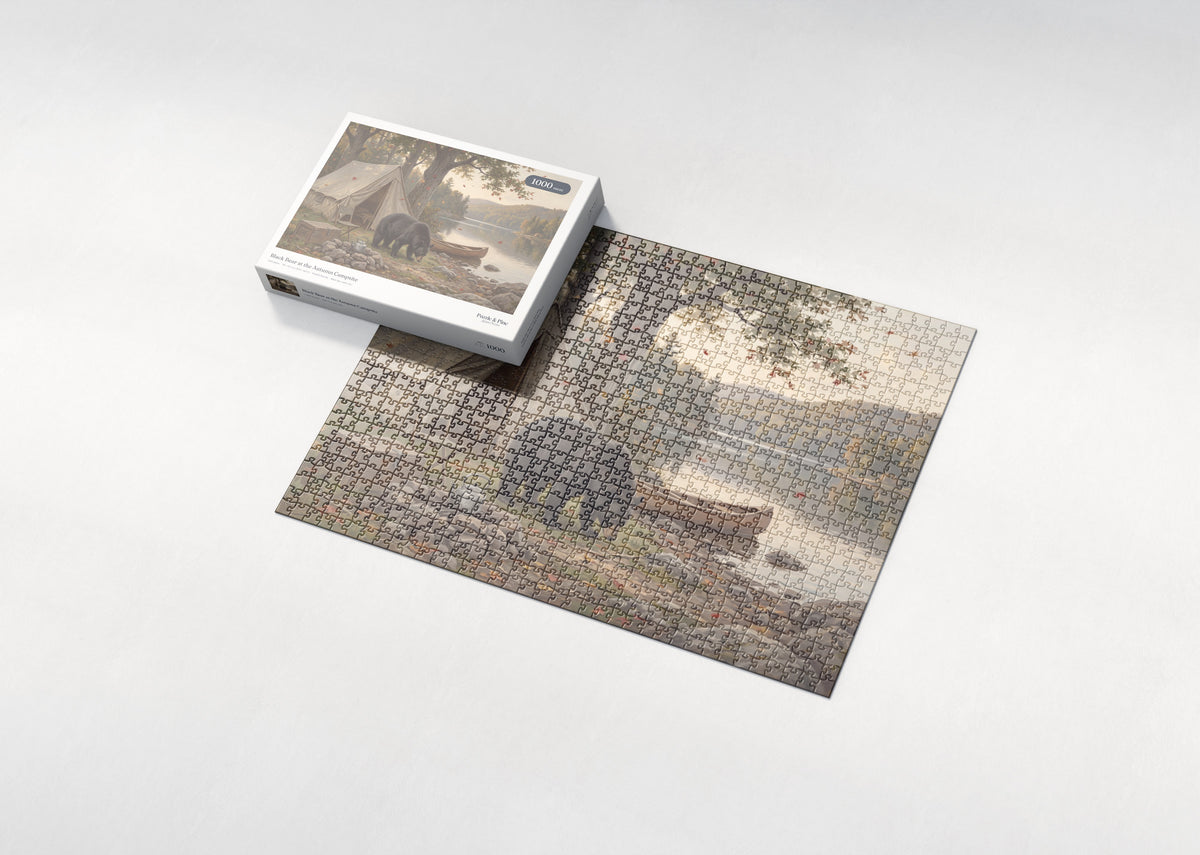 Black Bear at the Autumn Campsite jigsaw puzzle - box and puzzle