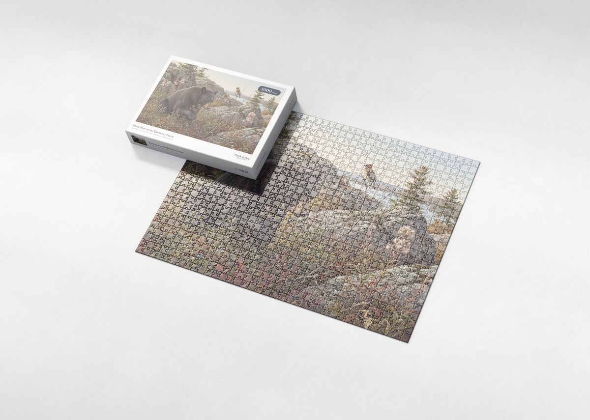 Black Bear at the Blueberry Patch jigsaw puzzle - box and puzzle