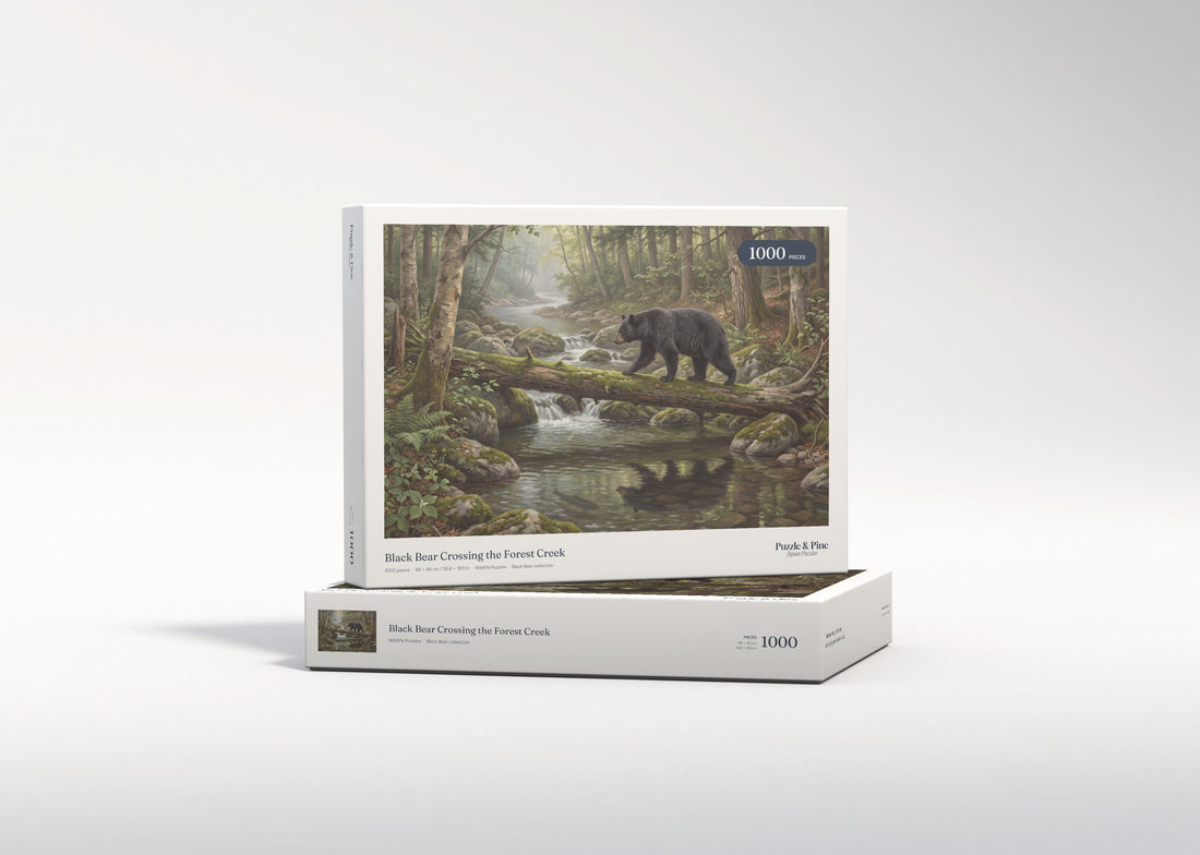 Black Bear Crossing the Forest Creek jigsaw puzzle - gift box