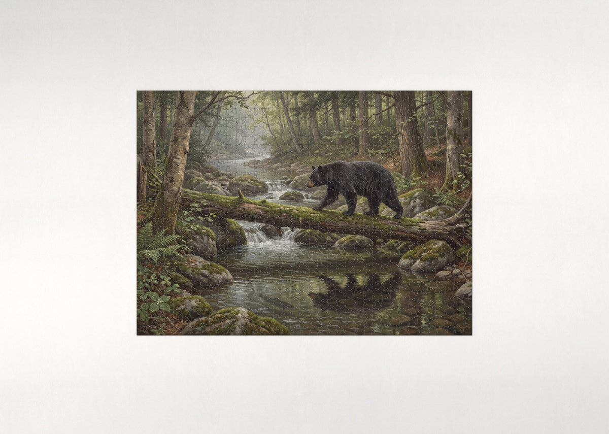 Black Bear Crossing the Forest Creek jigsaw puzzle - flat puzzle