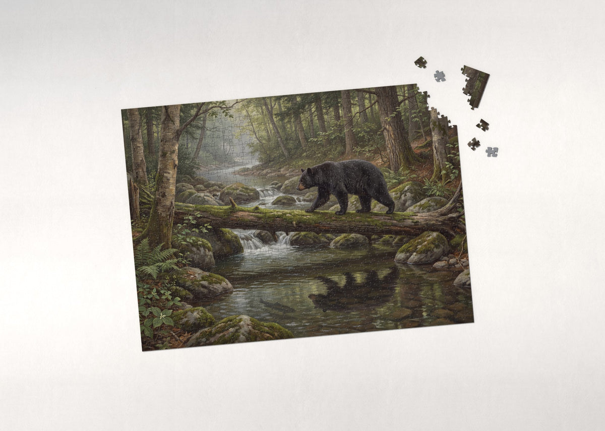 Black Bear Crossing the Forest Creek jigsaw puzzle - puzzle with loose pieces