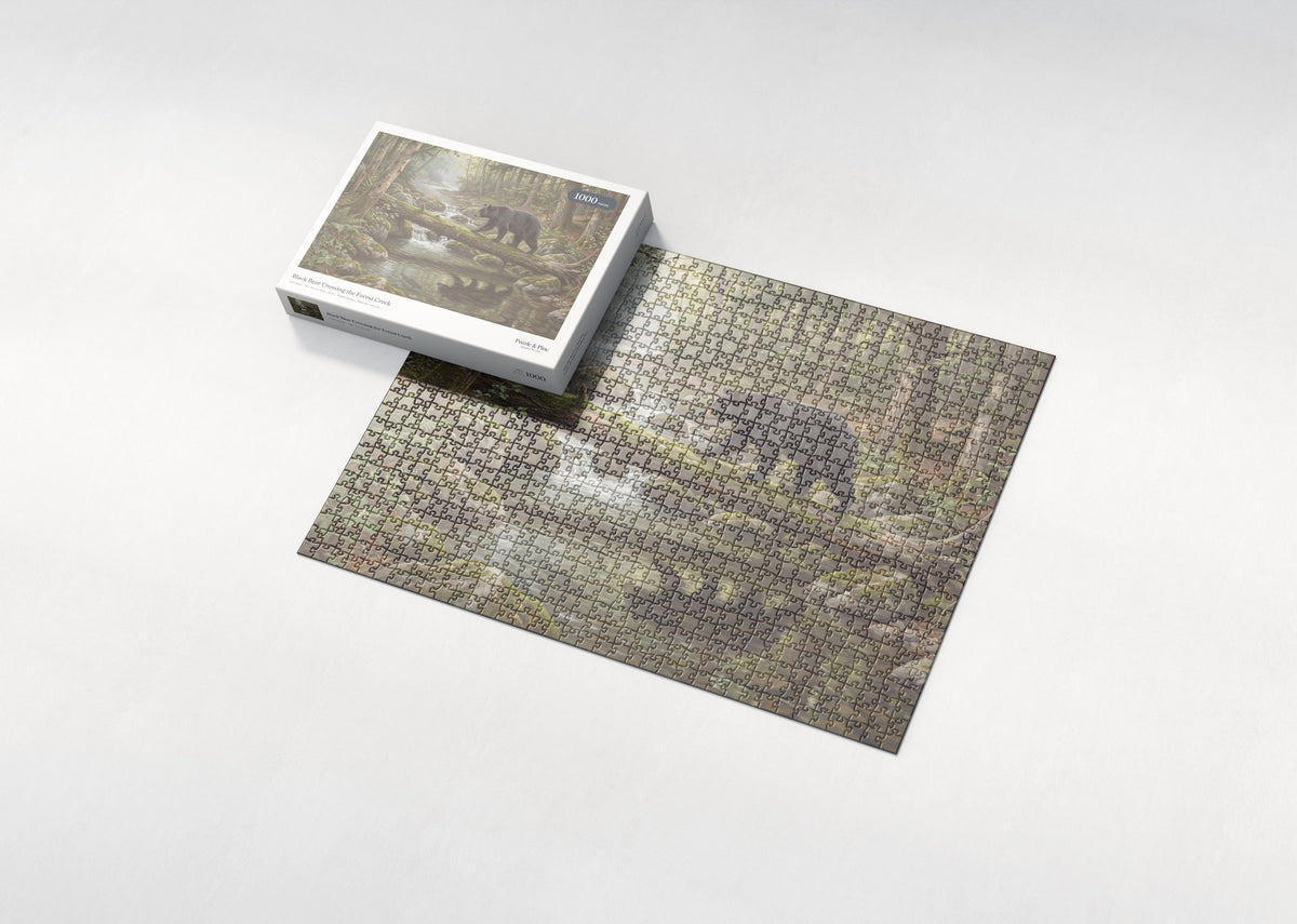 Black Bear Crossing the Forest Creek jigsaw puzzle - box and puzzle