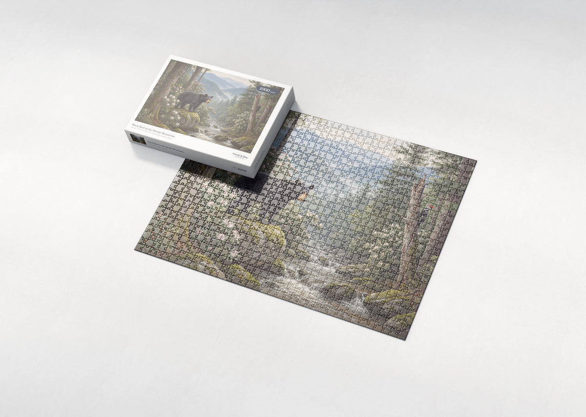 Black Bear in the Smoky Mountains jigsaw puzzle - box and puzzle