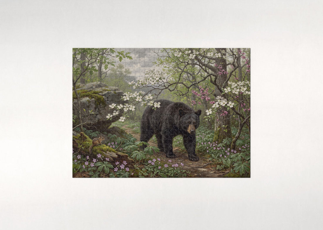 Black Bear in the Spring Dogwoods jigsaw puzzle - gift box