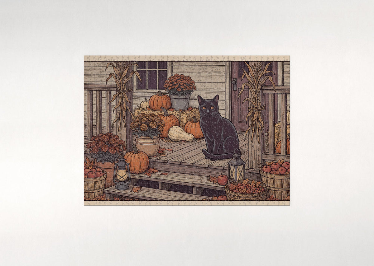 Black Cat Among the Pumpkins jigsaw puzzle - flat puzzle