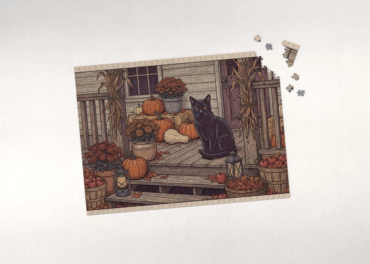 Black Cat Among the Pumpkins jigsaw puzzle - puzzle with loose pieces