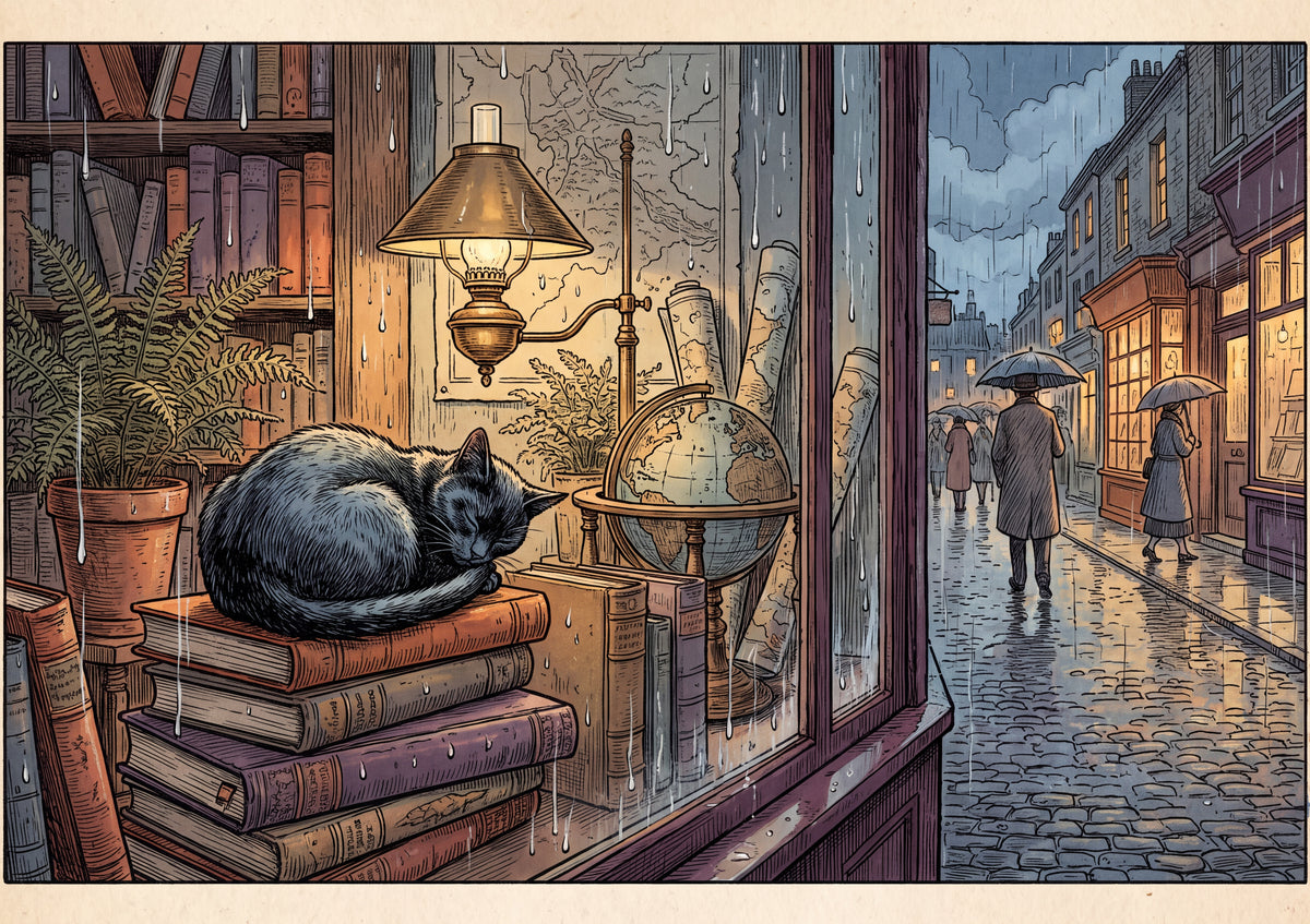 Black Cat At the Rainy Bookshop Window jigsaw puzzle