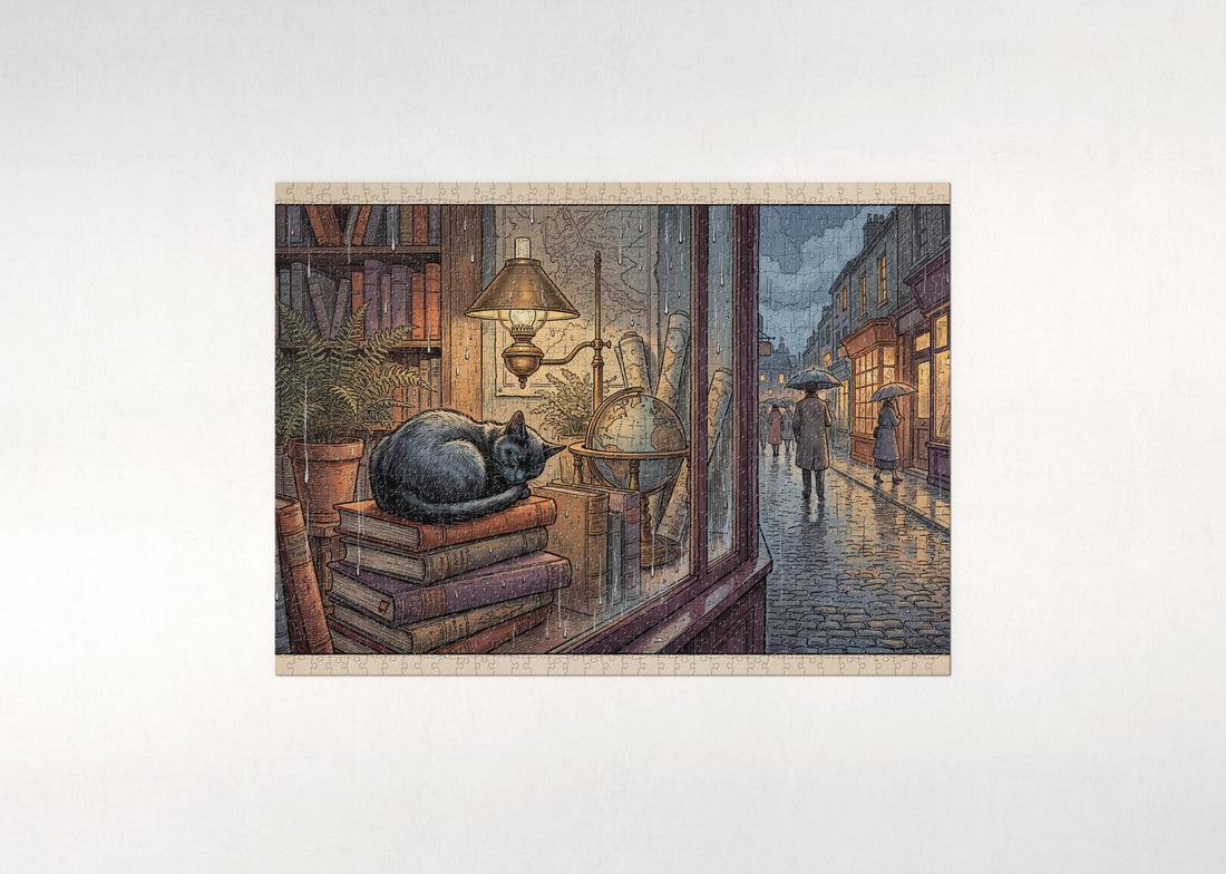 Black Cat At the Rainy Bookshop Window jigsaw puzzle - gift box