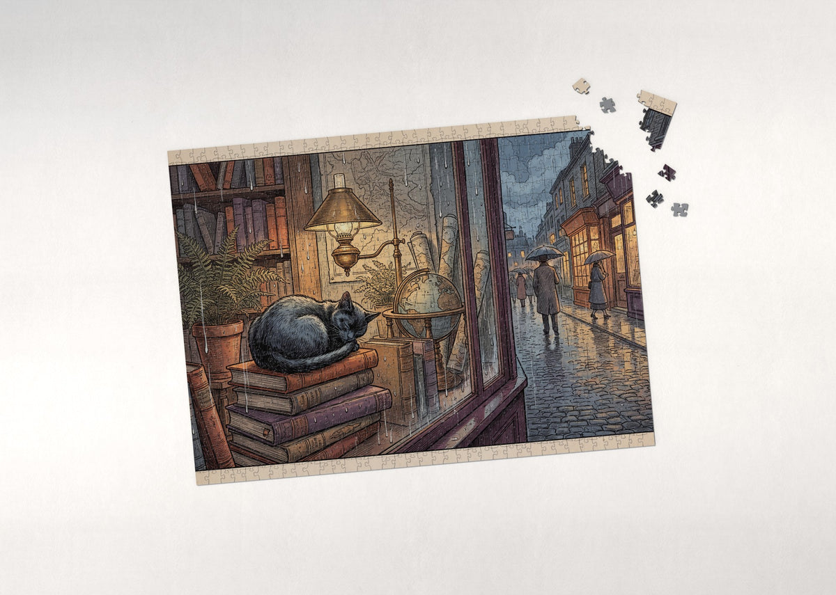 Black Cat At the Rainy Bookshop Window jigsaw puzzle - puzzle with loose pieces