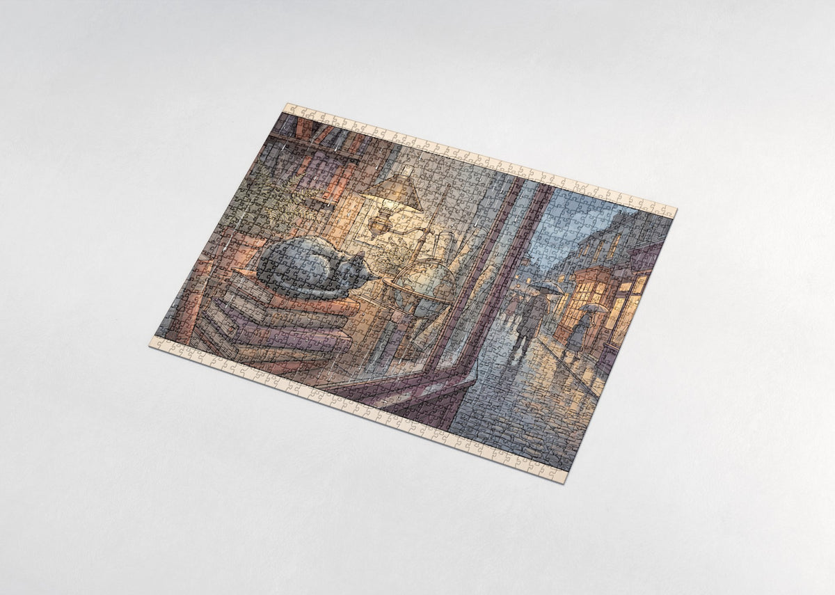 Black Cat At the Rainy Bookshop Window jigsaw puzzle - assembled puzzle