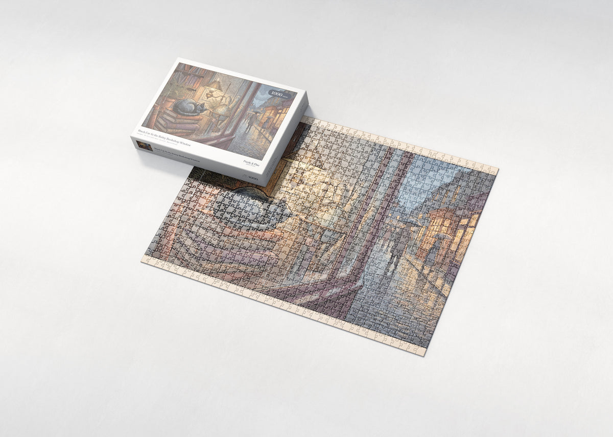 Black Cat At the Rainy Bookshop Window jigsaw puzzle - box and puzzle